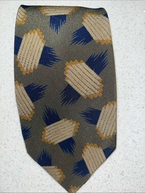 Giorgio Armani Olive Silk Tie with Navy and Tan Geometric Motif